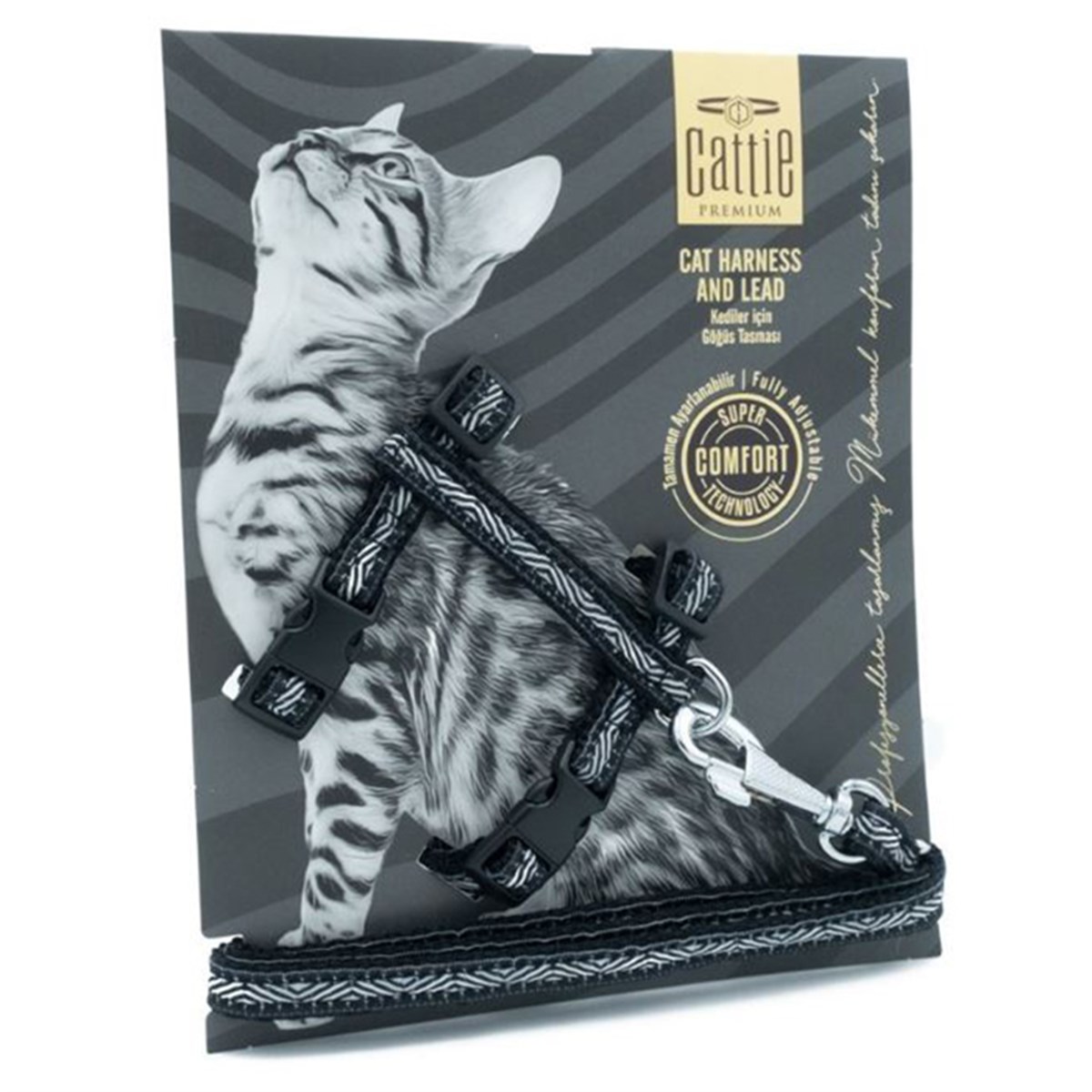 CATTİE DESENLİ KEDİ GÖĞÜS & GEZDİRME TAKIMI SİYAH 1X25-40CM8680782130113