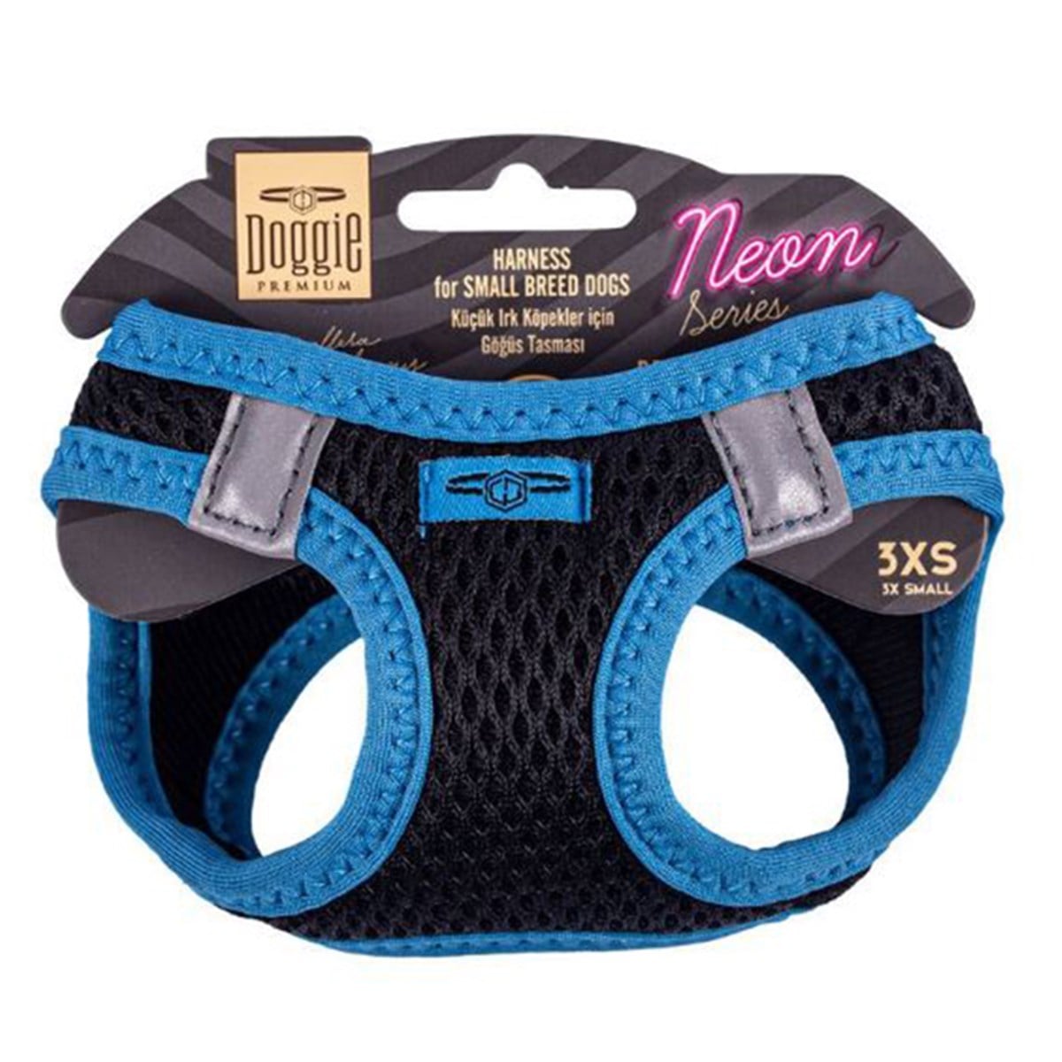 DOGGİE HAVALI DOKUMA NEON SERİSİ KÜÇÜK IRK GÖĞÜS TASMASI MAVİ 3XS-22-26CM8680782197178