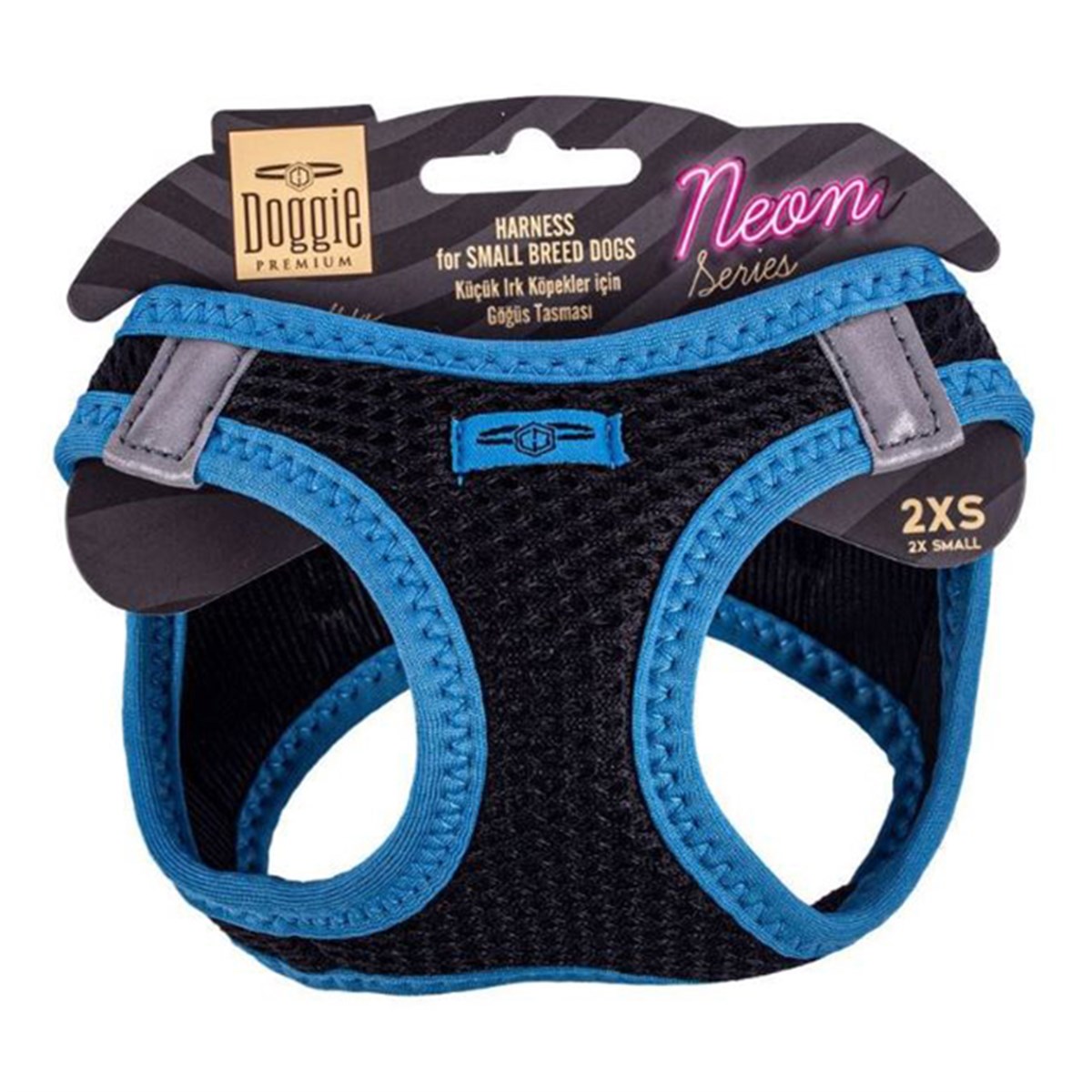 DOGGİE HAVALI DOKUMA NEON SERİSİ KÜÇÜK IRK GÖĞÜS TASMASI MAVİ 2XS-26-30CM8680782197222