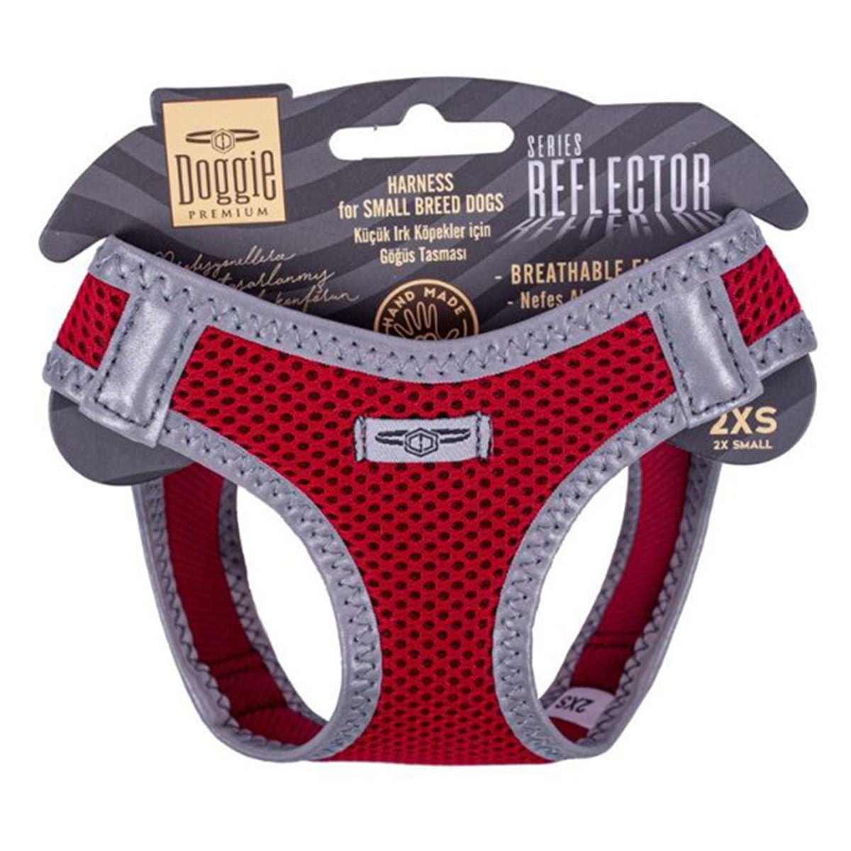 DOGGİE HAVALI DOKUMA REFLEKTÖR SERİSİ KÜÇÜK IRK GÖĞÜS TASMASI KIRMIZI 2XS-26-30CM8680782197543