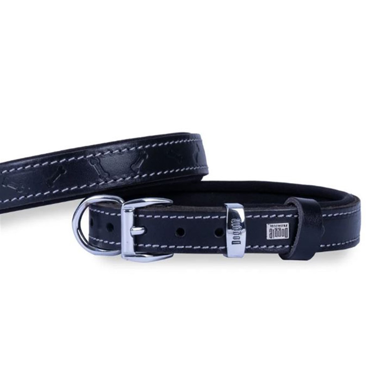 DOGGİE KONFOR DERİ KEMİK DESENLİ BOYUN TASMASI SİYAH 4X47-55CM