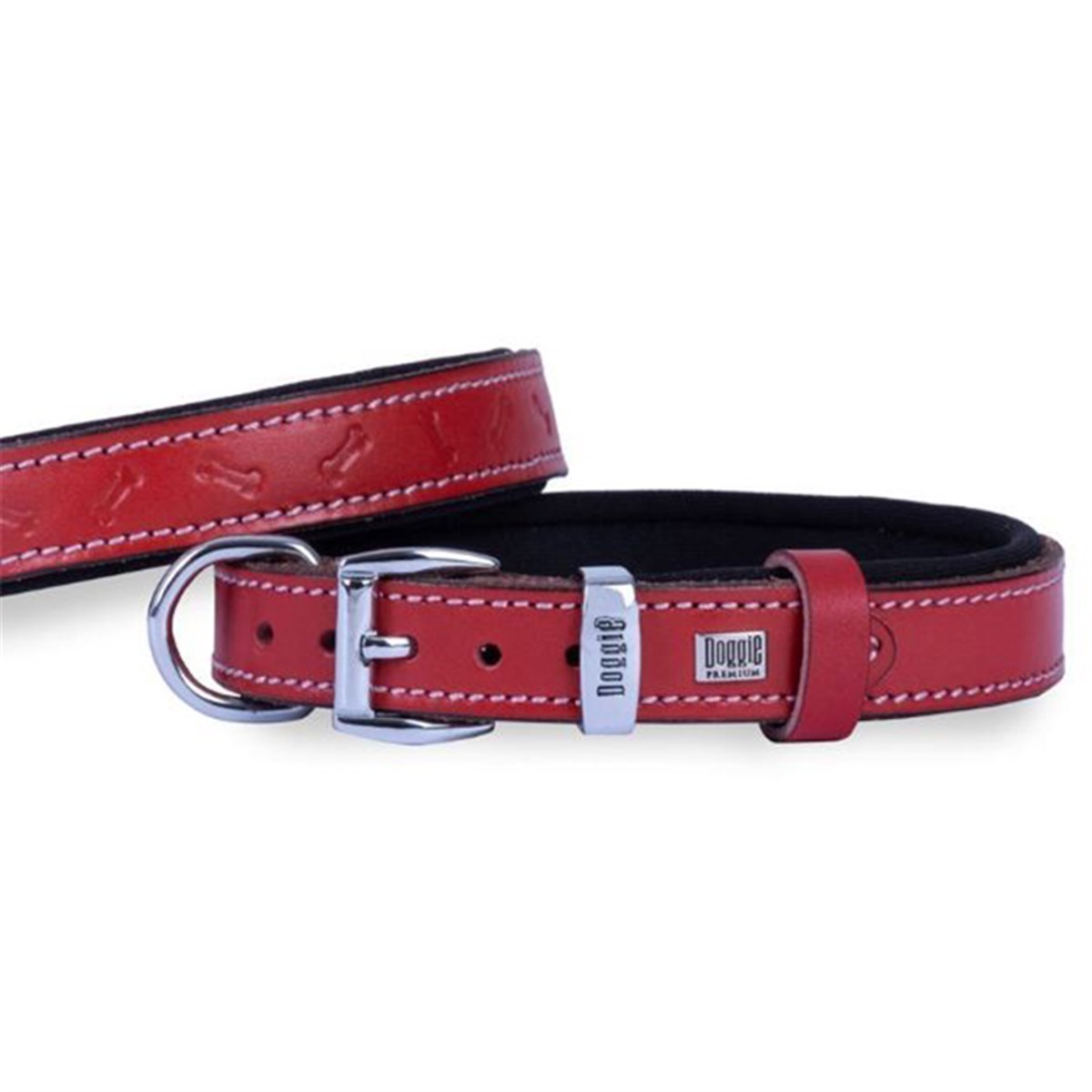 DOGGİE KONFOR DERİ KEMİK DESENLİ BOYUN TASMASI KIRMIZI 3,5X52-60CM