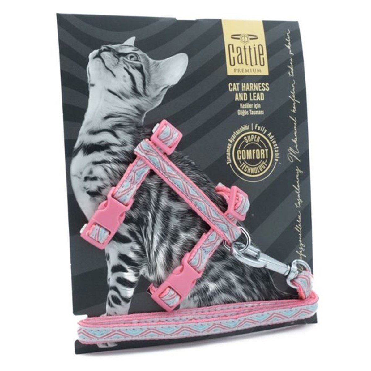 CATTİE DESENLİ KEDİ GÖĞÜS & GEZDİRME TAKIMI PEMBE 1X25-40CM8680782130151