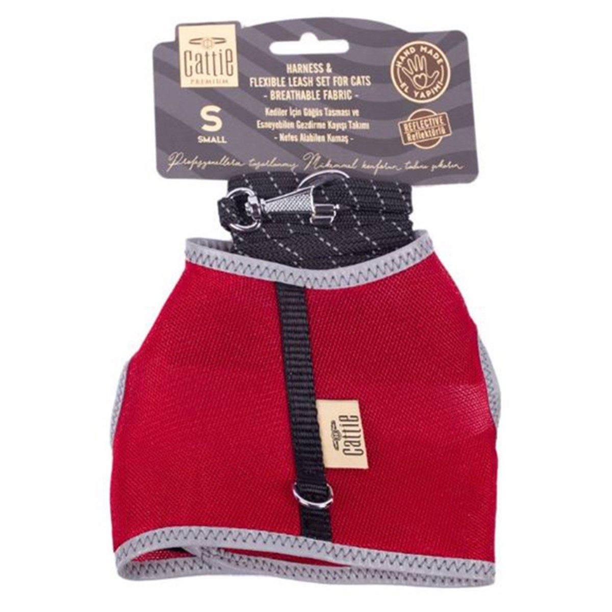 CATTİE HAVALI DOKUMA KEDİ GÖĞÜS & GEZDİRME TAKIMI KIRMIZI 1X25-35CM8680782126178