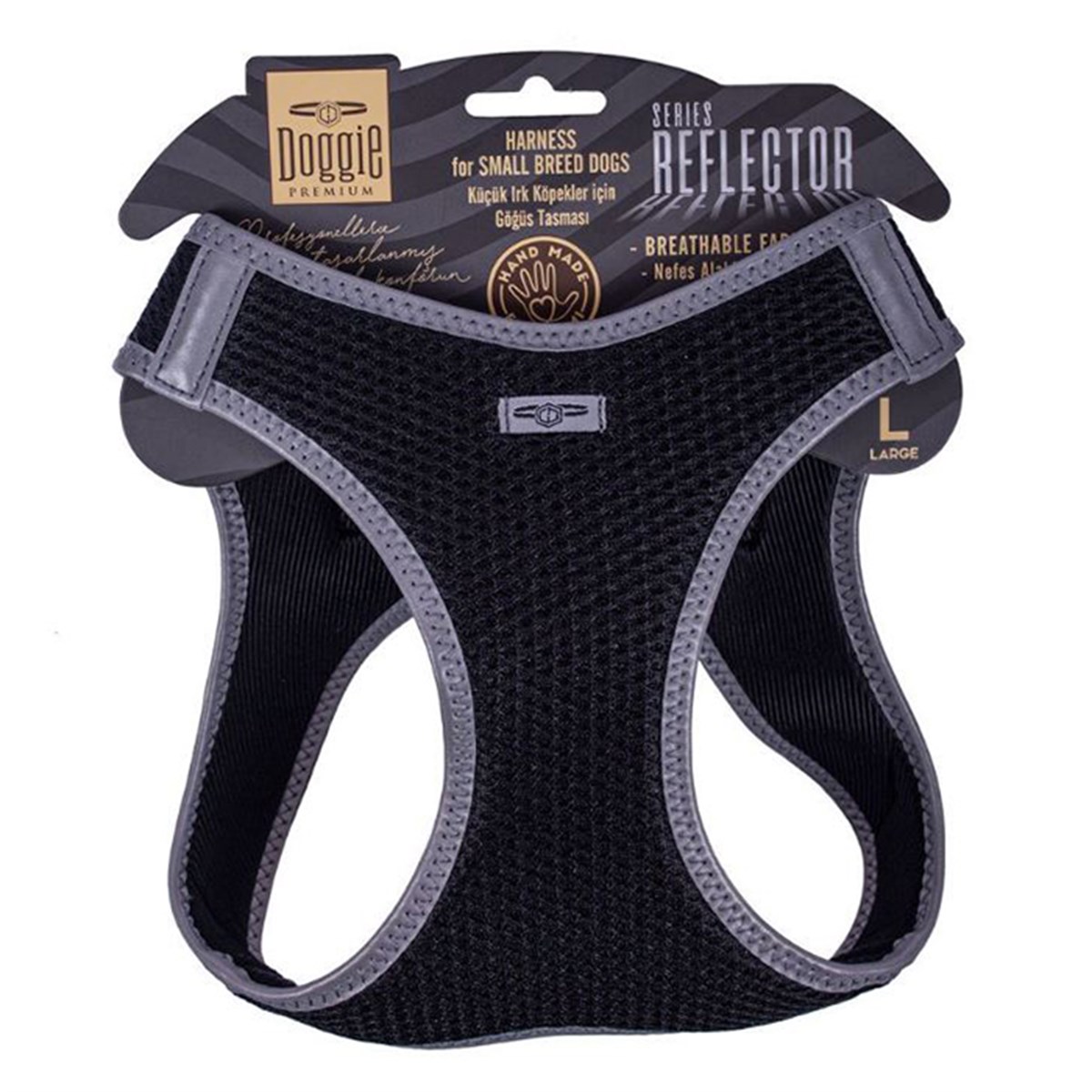 DOGGİE HAVALI DOKUMA REFLEKTÖR SERİSİ KÜÇÜK IRK GÖĞÜS TASMASI SİYAH L-42-48CM8680782197819