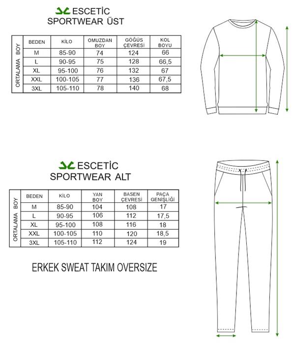 Escetic Siyah Erkek 3 İplik Nefes Alan Pamuklu Kapüşonlu Baskılı Spor Oversize Sweat Takım A3041