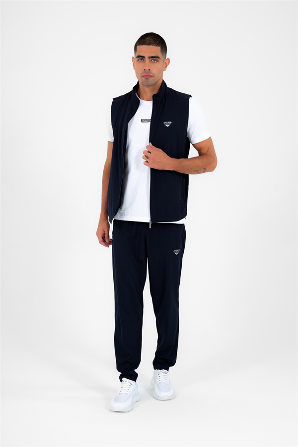 Escetic Lacivert Erkek Dik Yaka Spor Likra Nefes Alabilen 4 Cepli Yazlık Slimfit Yelekli Eşofman Takımı 6921