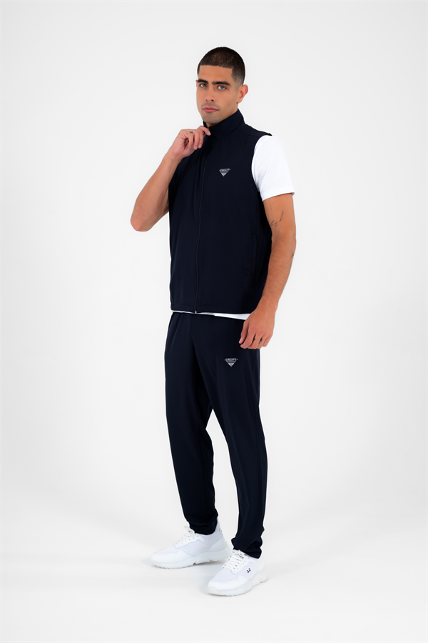Escetic Lacivert Erkek Dik Yaka Spor Likra Nefes Alabilen 4 Cepli Yazlık Slimfit Yelekli Eşofman Takımı 6921