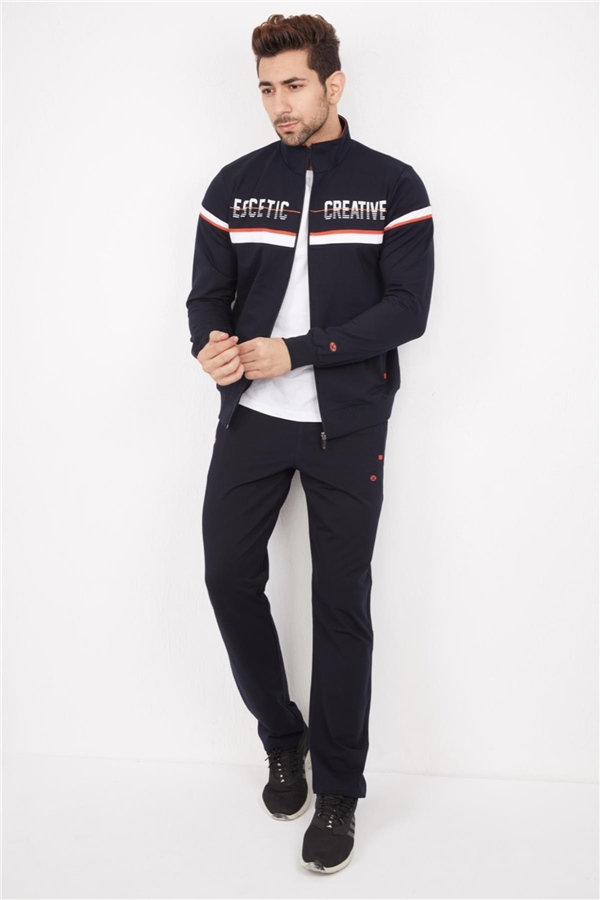 Escetic Erkek Lacivert Beyaz Casual Kalıp 4 Cepli Dik Yaka 4 Mevsim Spor Eşofman Takımı 6664