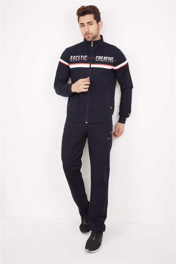Escetic Erkek Lacivert Beyaz Casual Kalıp 4 Cepli Dik Yaka 4 Mevsim Spor Eşofman Takımı 6664