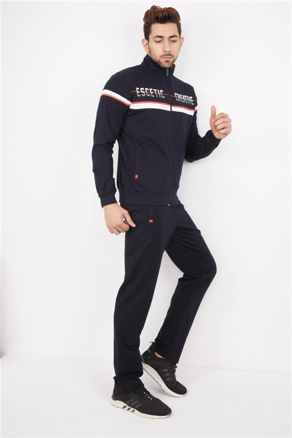 Escetic Erkek Lacivert Beyaz Casual Kalıp 4 Cepli Dik Yaka 4 Mevsim Spor Eşofman Takımı 6664