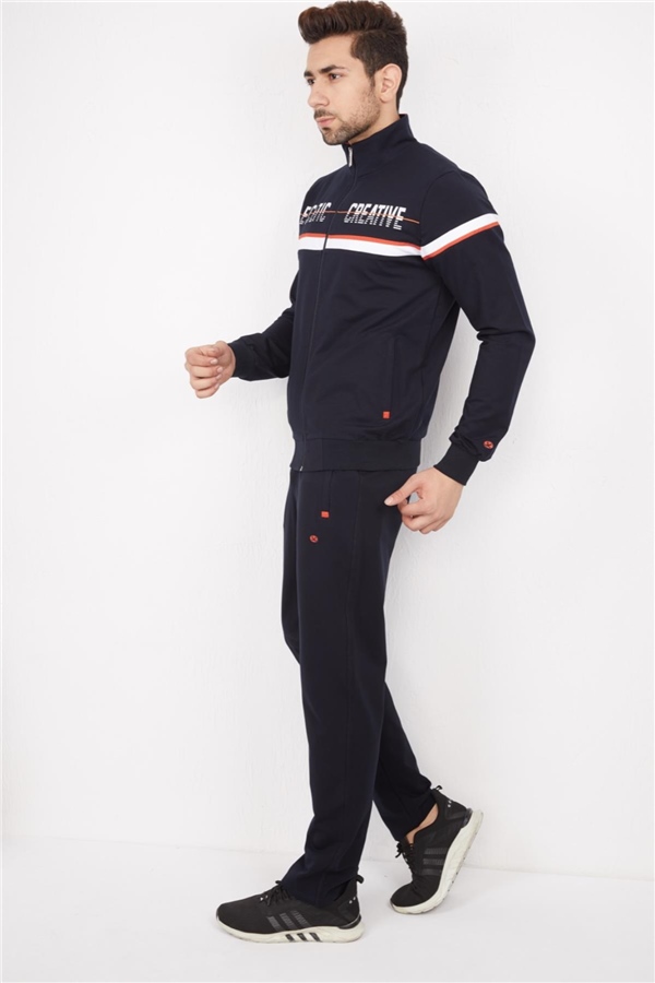 Escetic Erkek Lacivert Beyaz Casual Kalıp 4 Cepli Dik Yaka 4 Mevsim Spor Eşofman Takımı 6664