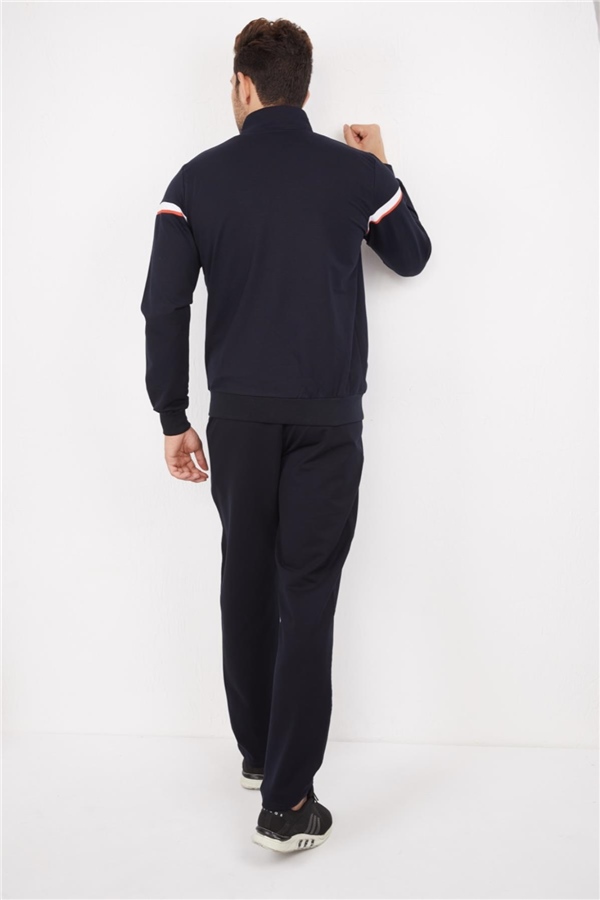 Escetic Erkek Lacivert Beyaz Casual Kalıp 4 Cepli Dik Yaka 4 Mevsim Spor Eşofman Takımı 6664