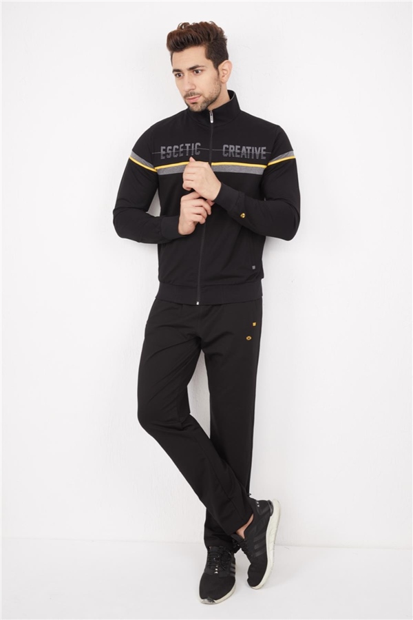 Escetic Erkek Siyah Casual Kalıp 4 Cepli Dik Yaka 4 Mevsim Spor Eşofman Takımı 6664