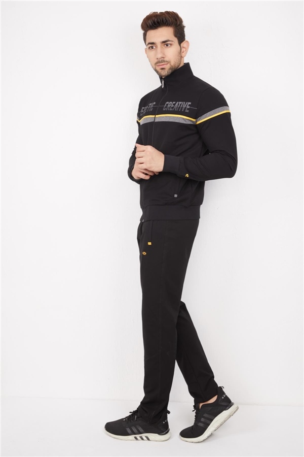 Escetic Erkek Siyah Casual Kalıp 4 Cepli Dik Yaka 4 Mevsim Spor Eşofman Takımı 6664