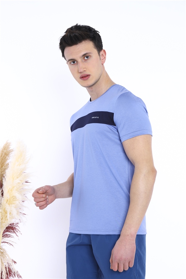  Erkek Mavi Spor Simit Yaka Slimfit Nefes Alan Floşlu Vanize Süprem Kumaş T-Shirt 0831