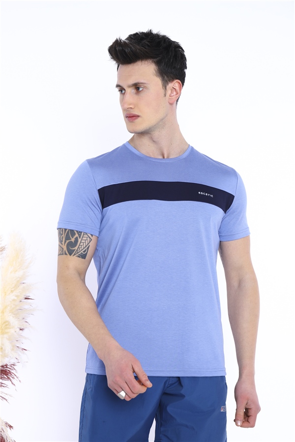  Erkek Mavi Spor Simit Yaka Slimfit Nefes Alan Floşlu Vanize Süprem Kumaş T-Shirt 0831