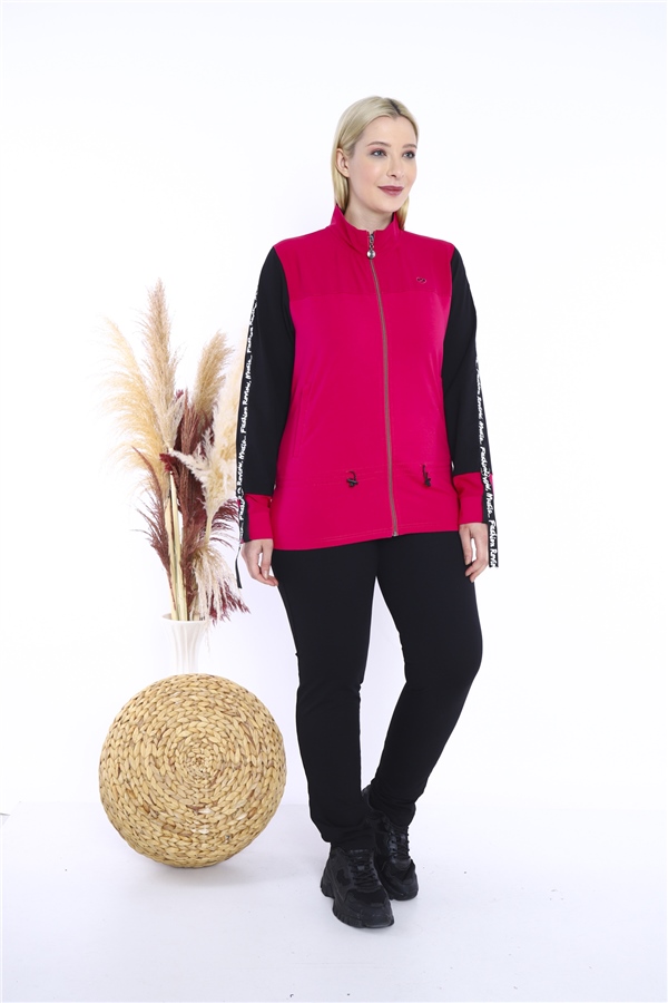 Escetic Kadın Pembe Battal/Büyük Beden Dik Yaka 4 Mevsim Süper 2 İplik Spor Eşofman Takımı 6559