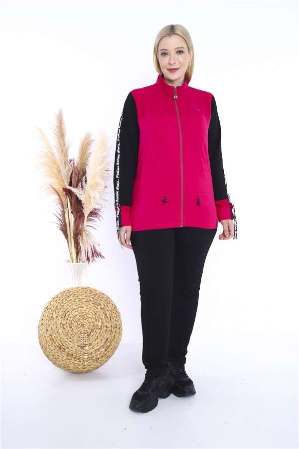 Escetic Kadın Pembe Battal/Büyük Beden Dik Yaka 4 Mevsim Süper 2 İplik Spor Eşofman Takımı 6559