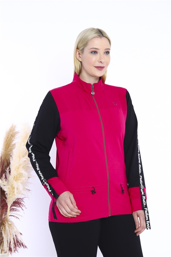 Escetic Kadın Pembe Battal/Büyük Beden Dik Yaka 4 Mevsim Süper 2 İplik Spor Eşofman Takımı 6559