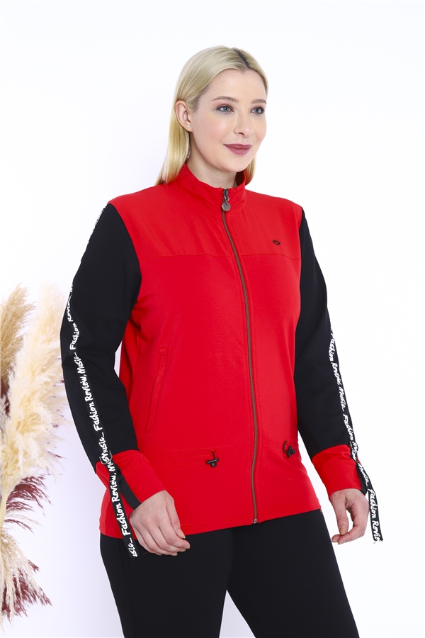 Escetic Kadın Kırmızı Battal/Büyük Beden Dik Yaka 4 Mevsim Süper 2 İplik Spor Eşofman Takımı 6559