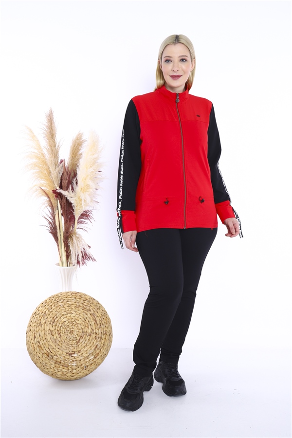 Escetic Kadın Kırmızı Battal/Büyük Beden Dik Yaka 4 Mevsim Süper 2 İplik Spor Eşofman Takımı 6559