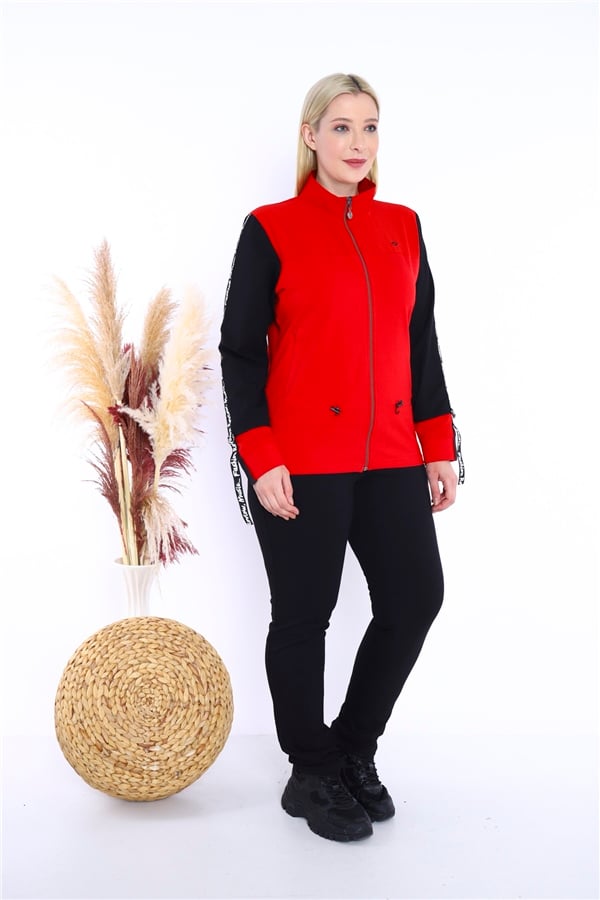 Escetic Kadın Kırmızı Battal/Büyük Beden Dik Yaka 4 Mevsim Süper 2 İplik Spor Eşofman Takımı 6559