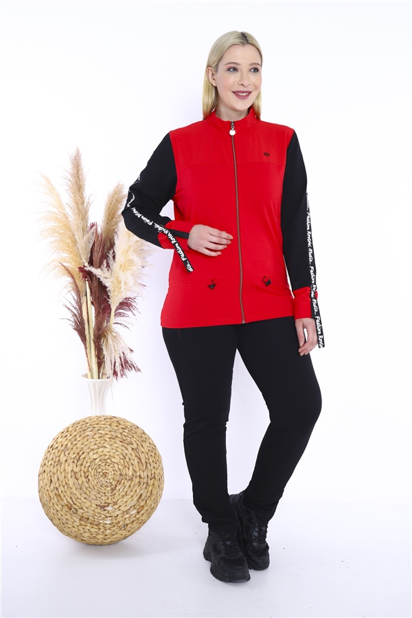 Escetic Kadın Kırmızı Battal/Büyük Beden Dik Yaka 4 Mevsim Süper 2 İplik Spor Eşofman Takımı 6559