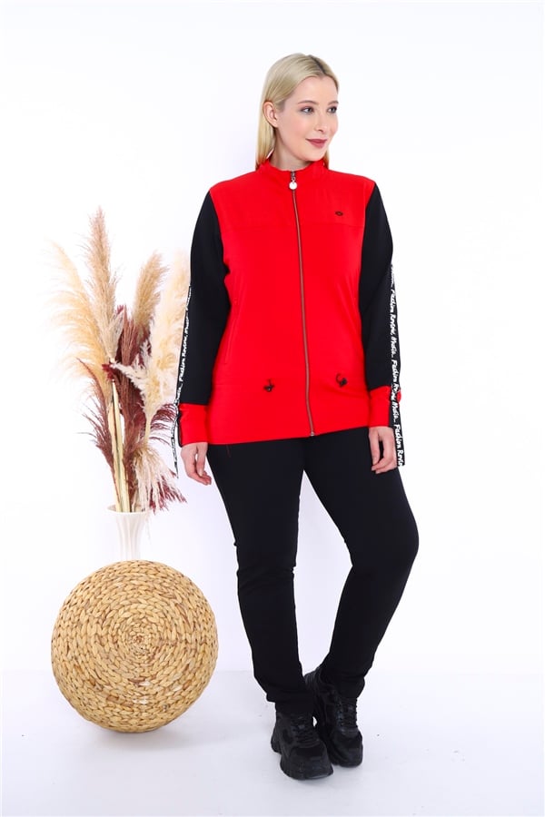 Escetic Kadın Kırmızı Battal/Büyük Beden Dik Yaka 4 Mevsim Süper 2 İplik Spor Eşofman Takımı 6559