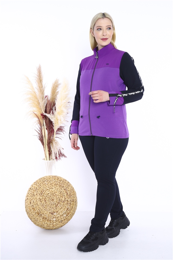 Escetic Kadın Koyu Lila Battal/Büyük Beden Dik Yaka 4 Mevsim Süper 2 İplik Spor Eşofman Takımı 6559