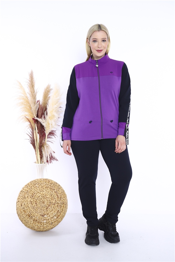 Escetic Kadın Koyu Lila Battal/Büyük Beden Dik Yaka 4 Mevsim Süper 2 İplik Spor Eşofman Takımı 6559