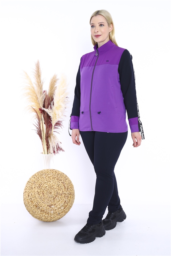 Escetic Kadın Koyu Lila Battal/Büyük Beden Dik Yaka 4 Mevsim Süper 2 İplik Spor Eşofman Takımı 6559