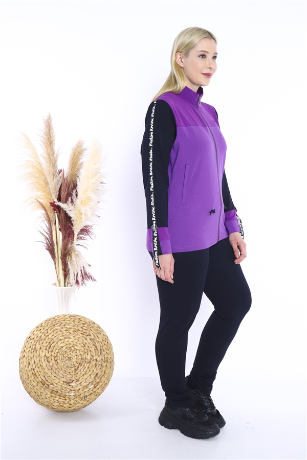 Escetic Kadın Koyu Lila Battal/Büyük Beden Dik Yaka 4 Mevsim Süper 2 İplik Spor Eşofman Takımı 6559