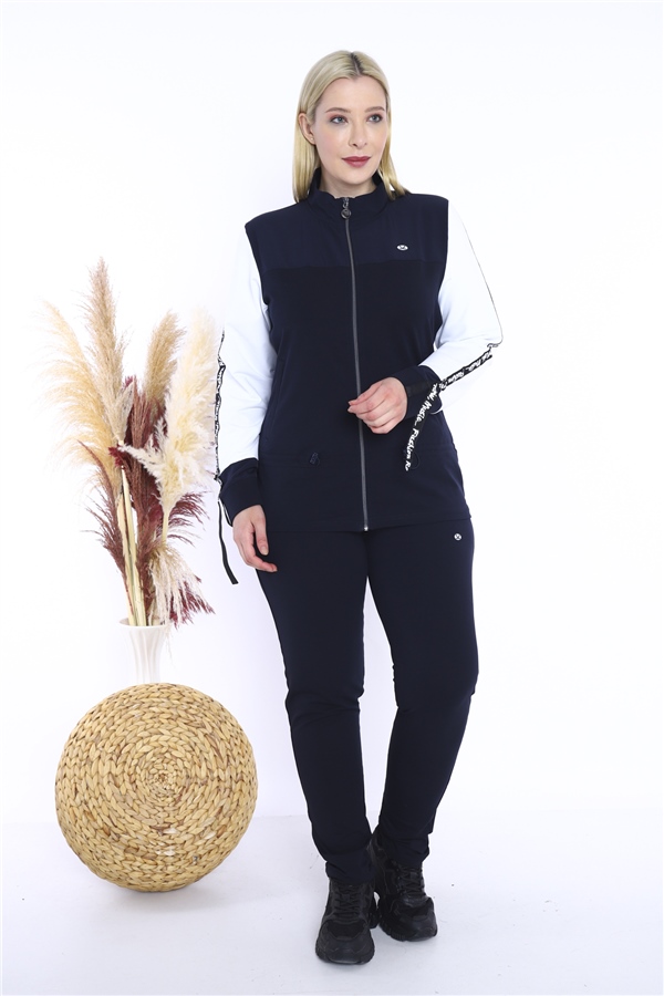 Escetic Kadın Lacivert Battal/Büyük Beden Dik Yaka 4 Mevsim Süper 2 İplik Spor Eşofman Takımı 6559