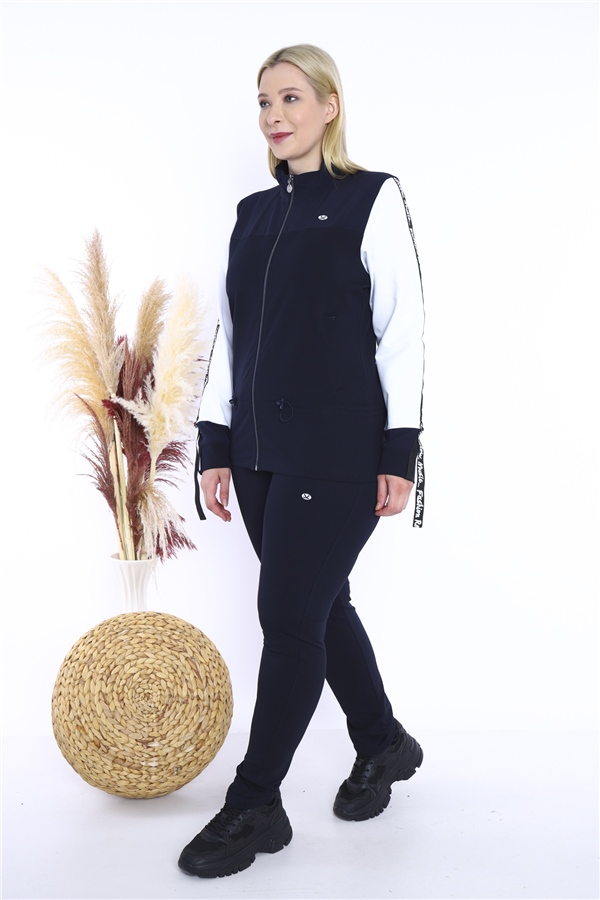 Escetic Kadın Lacivert Battal/Büyük Beden Dik Yaka 4 Mevsim Süper 2 İplik Spor Eşofman Takımı 6559