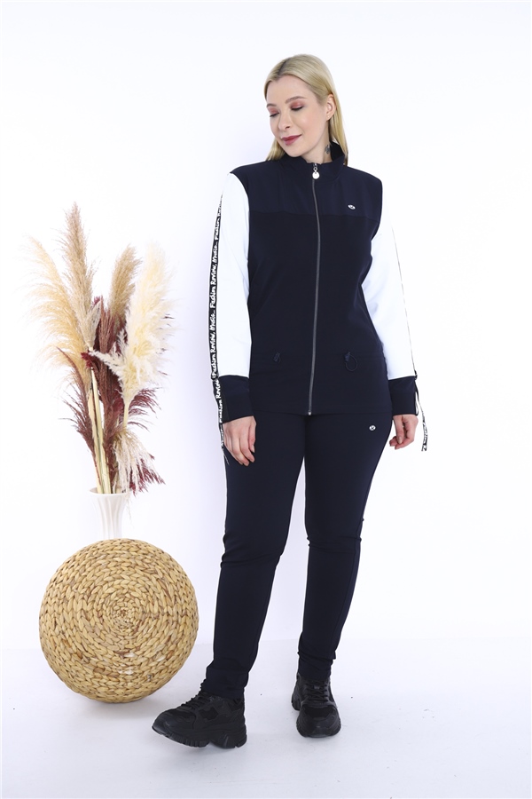 Escetic Kadın Lacivert Battal/Büyük Beden Dik Yaka 4 Mevsim Süper 2 İplik Spor Eşofman Takımı 6559