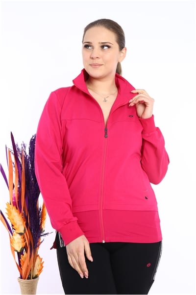 Escetic Kadın Pembe Battal/Büyük Beden Dik Yaka 4 Mevsim Süper 2 İplik Spor Eşofman Takımı 6542