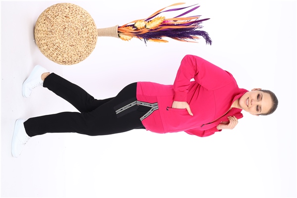 Escetic Kadın Pembe Battal/Büyük Beden Dik Yaka 4 Mevsim Süper 2 İplik Spor Eşofman Takımı 6542