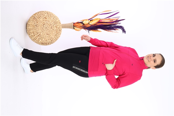 Escetic Kadın Pembe Battal/Büyük Beden Dik Yaka 4 Mevsim Süper 2 İplik Spor Eşofman Takımı 6542