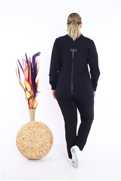 Escetic Kadın Lacivert Battal/Büyük Beden Dik Yaka 4 Mevsim Süper 2 İplik Spor Eşofman Takımı 6542