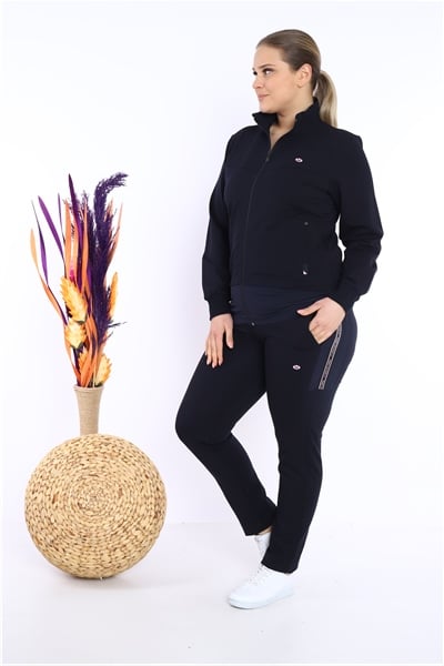 Escetic Kadın Lacivert Battal/Büyük Beden Dik Yaka 4 Mevsim Süper 2 İplik Spor Eşofman Takımı 6542