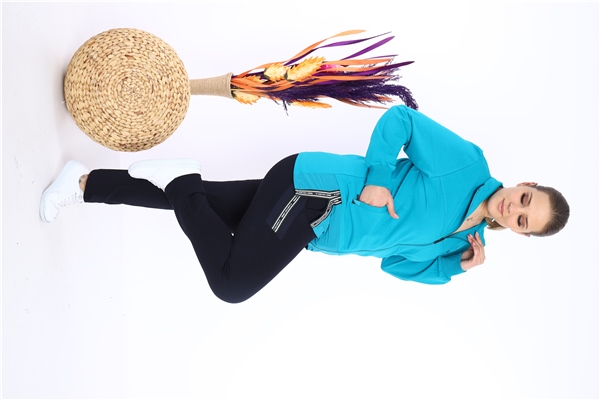 Escetic Kadın Mavi Battal/Büyük Beden Dik Yaka 4 Mevsim Süper 2 İplik Spor Eşofman Takımı 6542