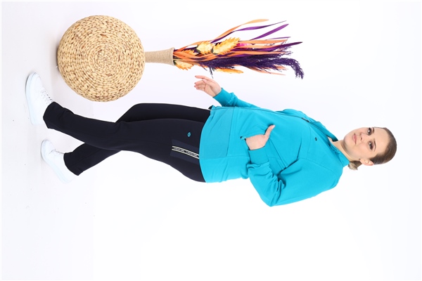 Escetic Kadın Mavi Battal/Büyük Beden Dik Yaka 4 Mevsim Süper 2 İplik Spor Eşofman Takımı 6542