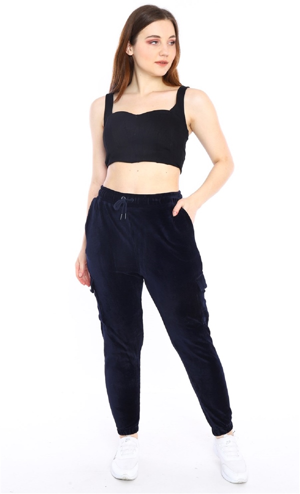 Escetic Lacivert Kadın Kargo Cepli Eşofman Altı Lastikli Dar Paça 1935