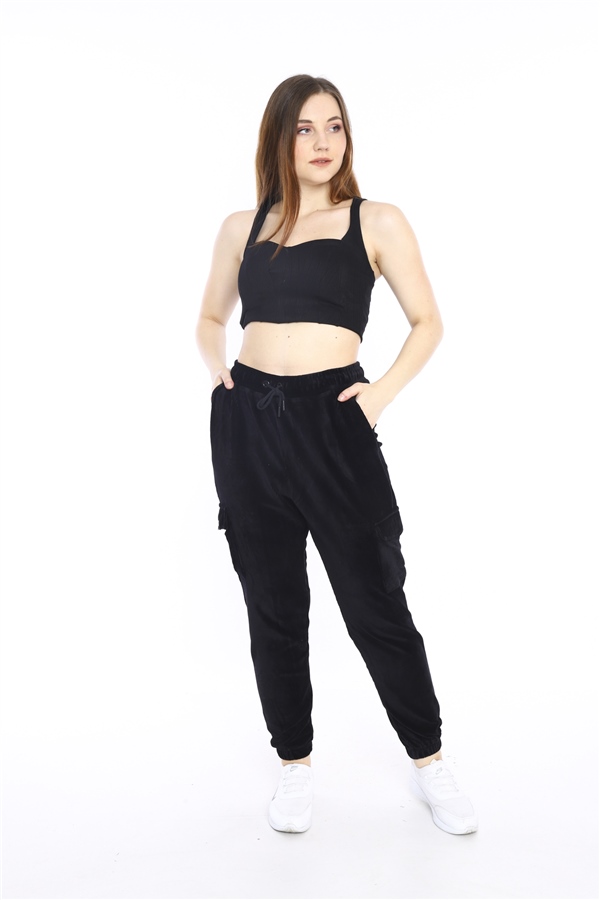 Escetic Siyah Kadın Kargo Cepli Eşofman Altı Lastikli Dar Paça 1935