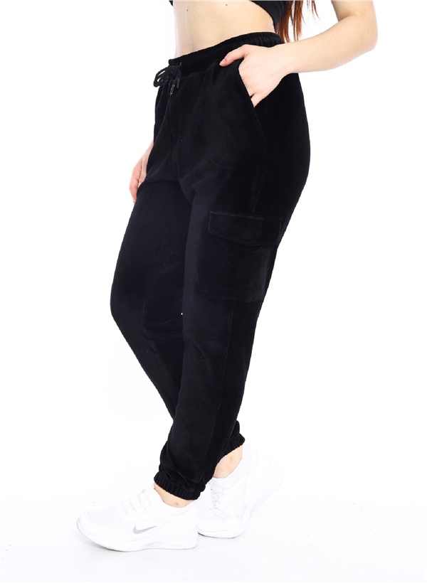 Escetic Siyah Kadın Kargo Cepli Eşofman Altı Lastikli Dar Paça 1935