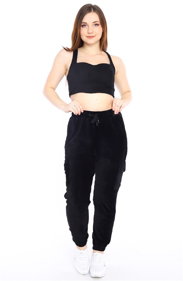 Escetic Siyah Kadın Kargo Cepli Eşofman Altı Lastikli Dar Paça 1935