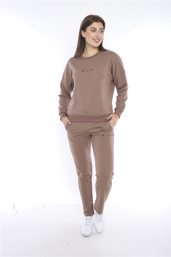 Escetic Açık Kahve Kadın 3 İplik Nefes Alabilen Spor Casual Sweat Eşofman Takımı A3050