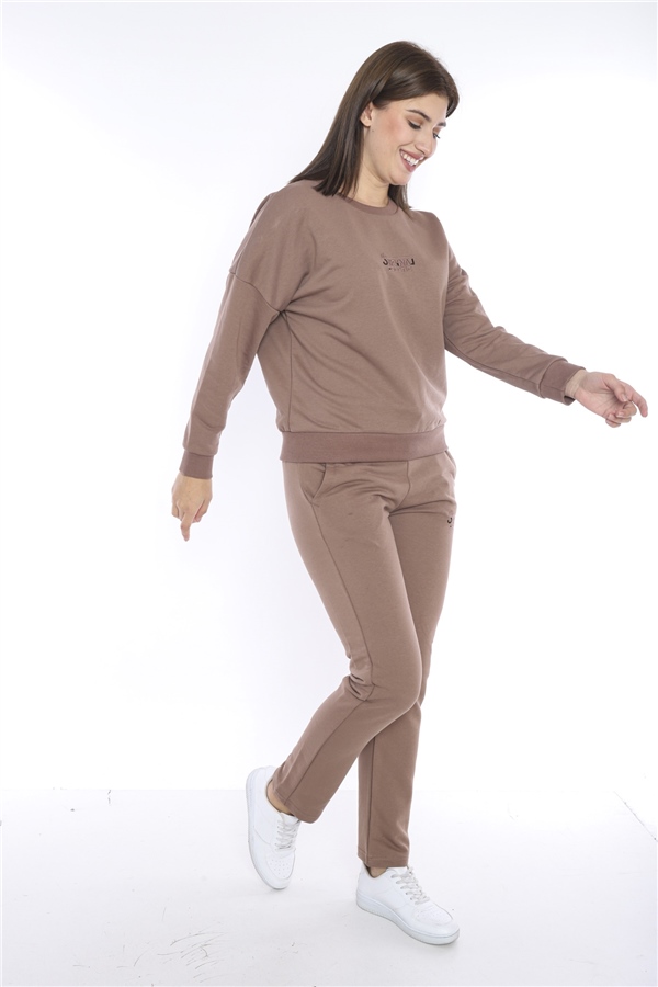 Escetic Açık Kahve Kadın 3 İplik Nefes Alabilen Spor Casual Sweat Eşofman Takımı A3050