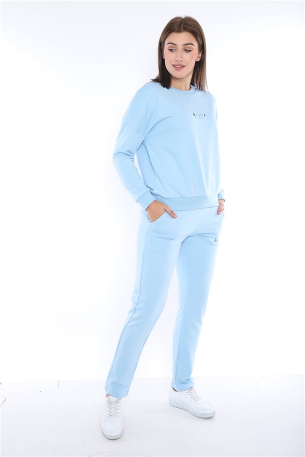 Escetic Gök Mavisi Kadın 3 İplik Nefes Alabilen Spor Casual Sweat Eşofman Takımı A3050